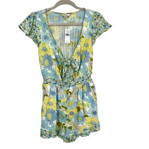 American Eagle Floral Cut-Out Tie-Front Mini Length Romper Blue Cotton Size XS